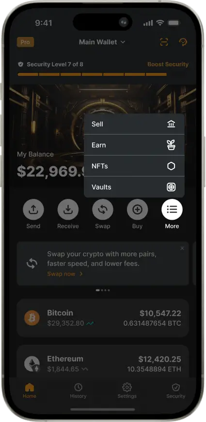 Zengo Wallet app interface showing send, receive, swap, buy, sell, earn, NFTs, vaults, and security.