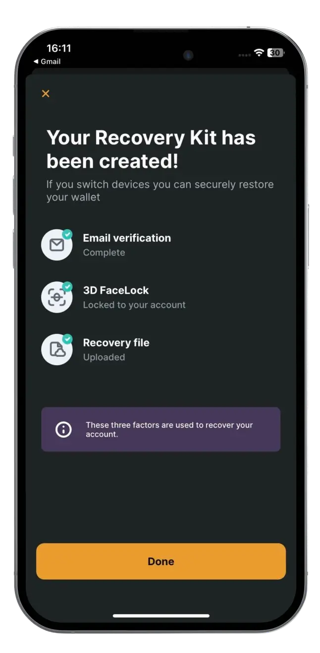 Zengo Wallet recovery kit setup with email verification, 3D FaceLock, & recovery file for security.