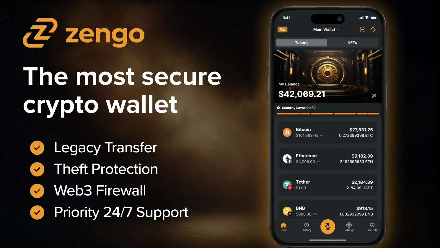 Zengo Wallet app shows secure crypto storage - legacy transfer, theft protection, & Web3 firewall.