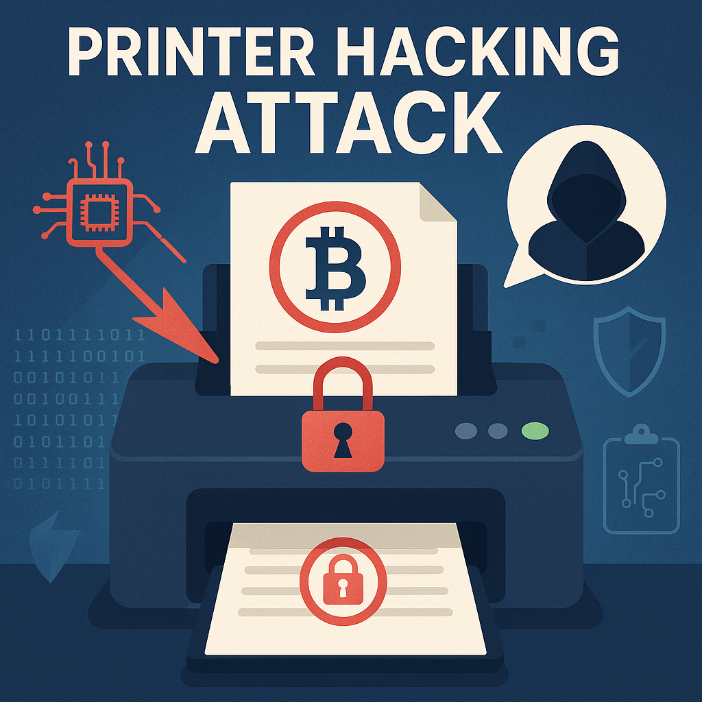 Printer hacking attack showing Bitcoin theft via malware and a digital intrusion symbol